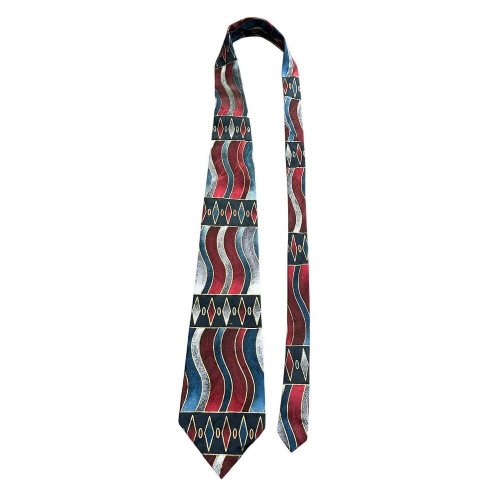 Vintage Albert Nipon Silk Tie Geometric Wavy Patt… - image 3